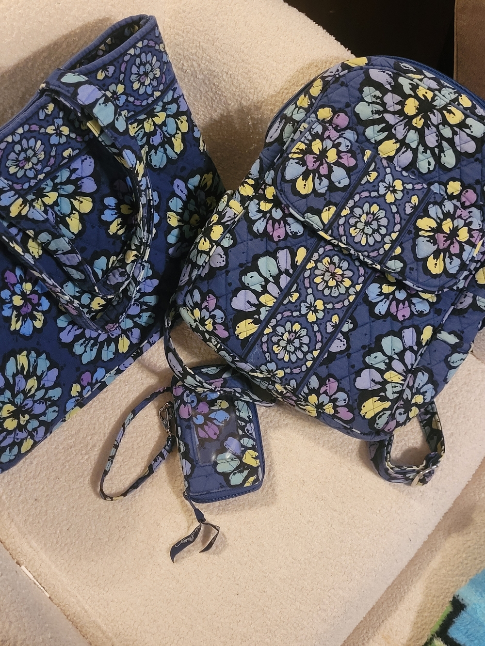 Vera Bradley Navy Quilted Floral Backpack, Tote & Wristlet Set